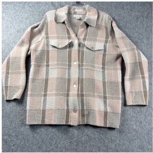 Rachel Zoe Women Size 1X Jacket Pink Tan Plaid Knit Shacket Snap Front Plus